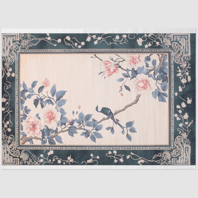 Papier Mousseline Chinoiserie Oriental Bird Art & bordure à motifs (Recto)