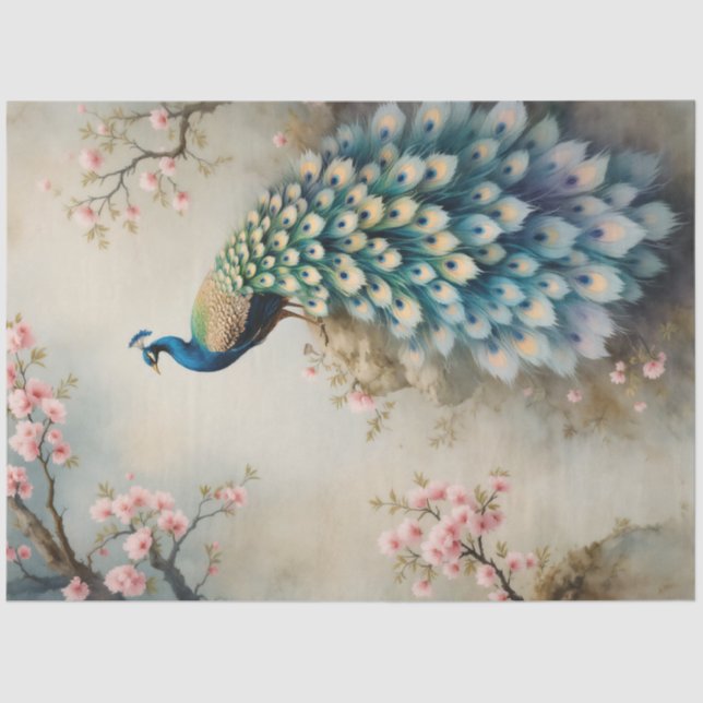 Papier Mousseline Chinoiserie Peacock Floral Rose Blossom Découpage (Recto)
