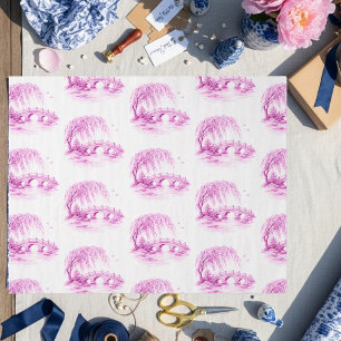 Papier Mousseline Chinoiserie Pont de l'eau Saules Roses
