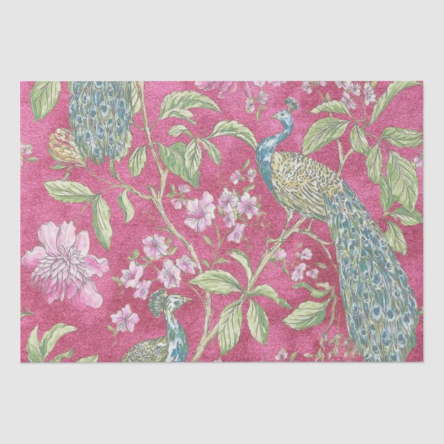 Papier Mousseline Chinoiserie rose paon découpage floral (Recto)