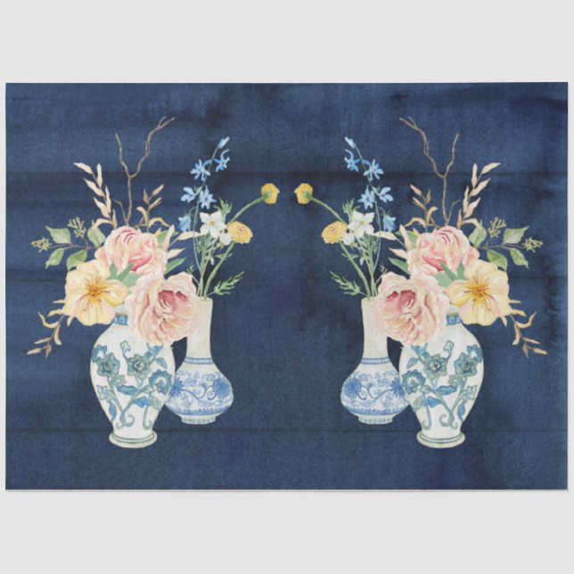 Papier Mousseline Chinoiserie Rose Peony Flowers Marine Blue Wood (Recto)