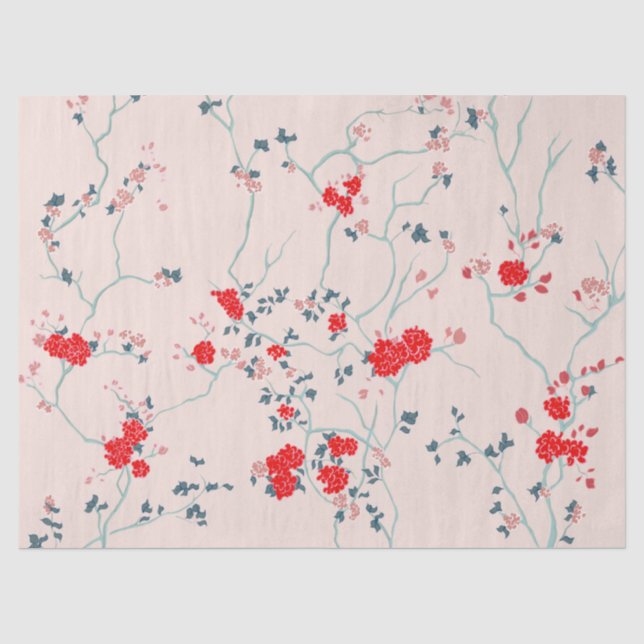 Papier Mousseline Chinoiserie rouge et crème Papier de tissus florau (Recto)
