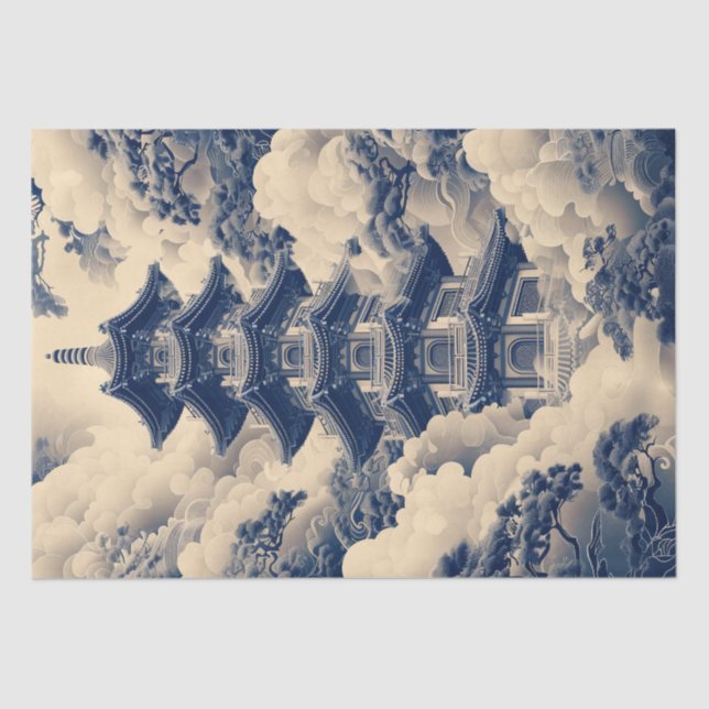 Papier Mousseline Chinoiserie Temple chinois Découpage bleu (Recto)