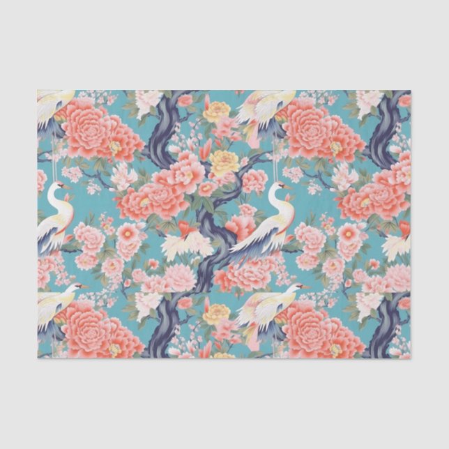 Papier Mousseline Chinoiserie Turquoise Floral Egret (Recto)