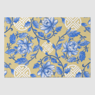 Papier Mousseline Chinoiserie vintage Florale Bleu et Or