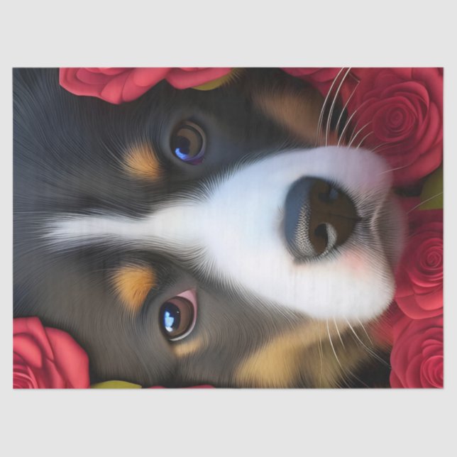 Papier Mousseline Chiot de Corgi en roses rouges (Recto)