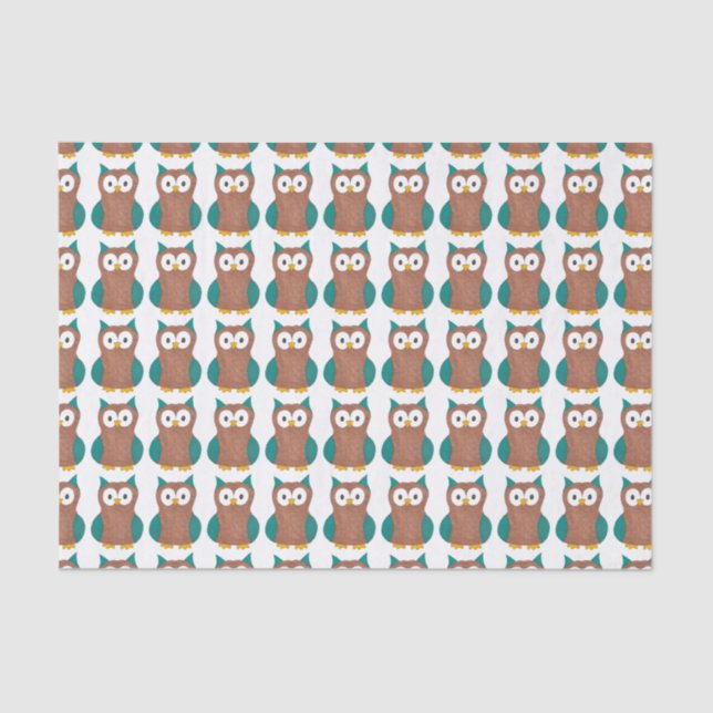 Papier Mousseline Chouette Bleu Brown Cartoon Chouettes Oiseau Impri (Recto)