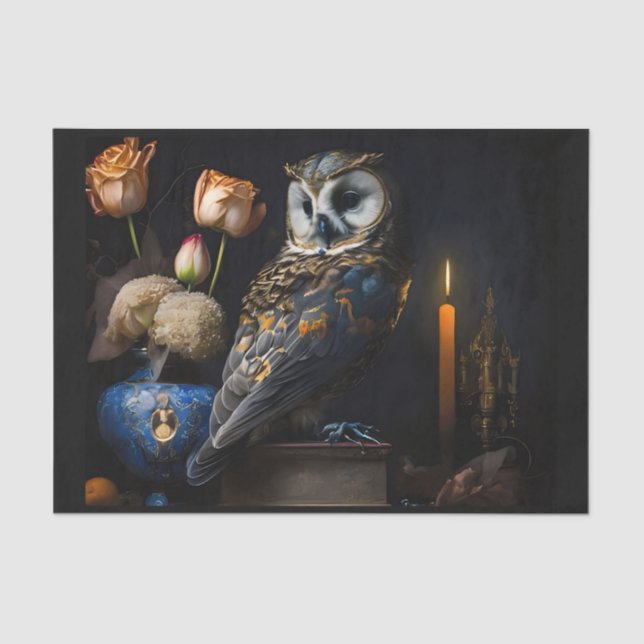 Papier Mousseline Chouette Bleue & Fleurs (Recto)