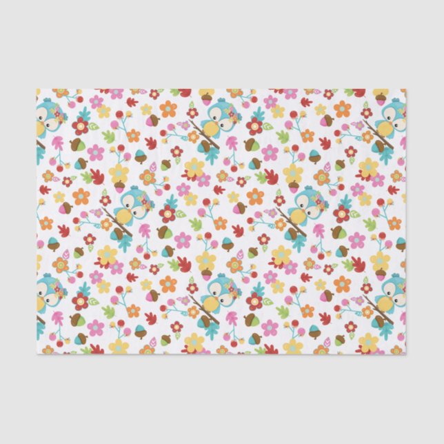 Papier Mousseline Chouette boisée mignonne et fleurs Baby shower béb (Recto)