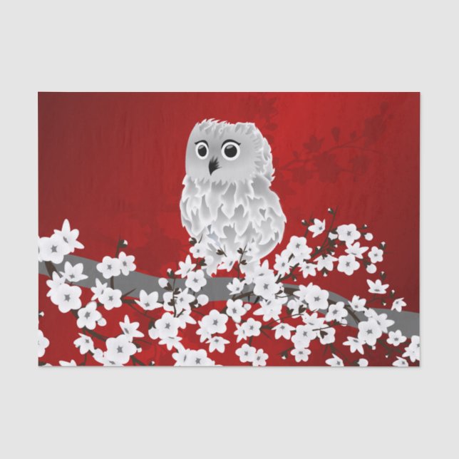 Papier Mousseline Chouette mignonne Fleur de cerisier rouge noir bla (Recto)