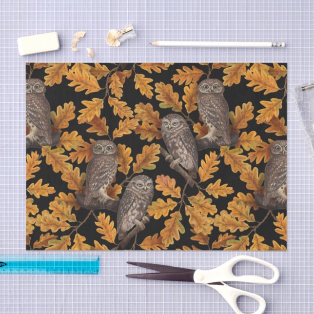 Papier Mousseline Chouettes d'automne sur noir (Artisanat)