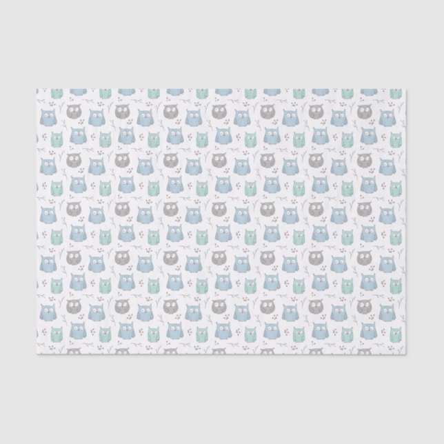 Papier Mousseline Chouettes et Motif de fleurs bleues blanches (Recto)