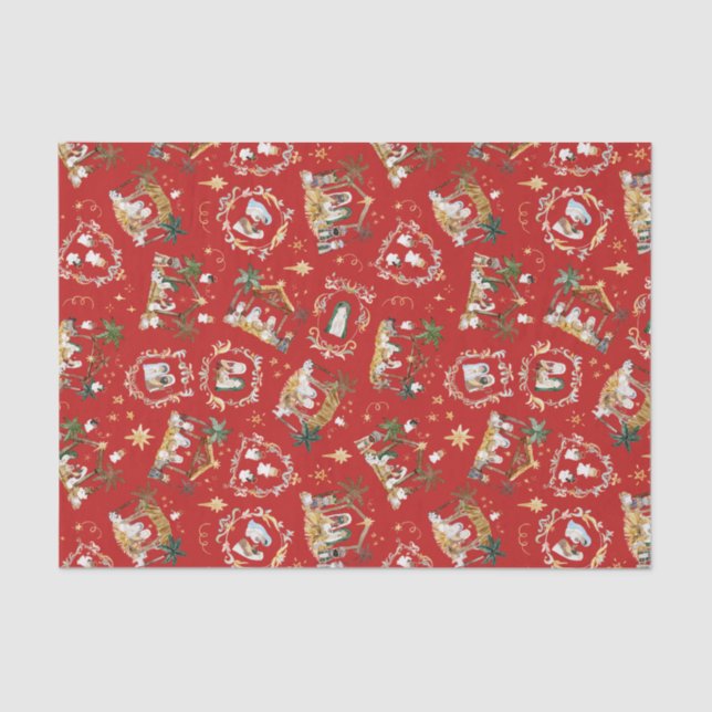 Papier Mousseline Christian Christmas Watercolor Nativité Rouge (Recto)