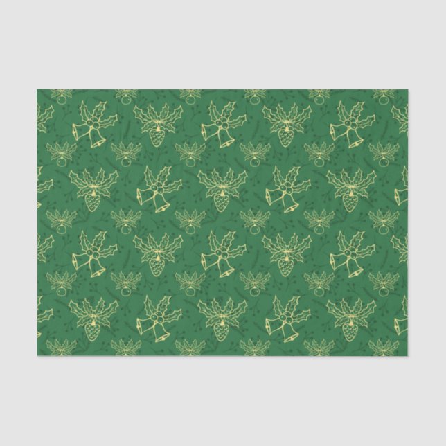 Papier Mousseline Christmas Bells Holly Berries Green Motif (Recto)