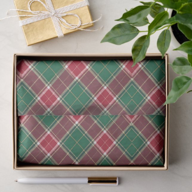 Papier Mousseline Christmas Green et Burgundy Plaid (Cadeau)