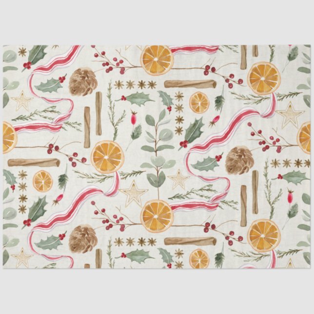 Papier Mousseline Christmas Holly Berry Cinnamon Orange Decoupage (Recto)