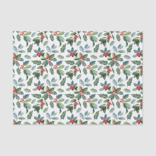 Papier Mousseline Christmas Holly Leaves and Berries on White (Recto)