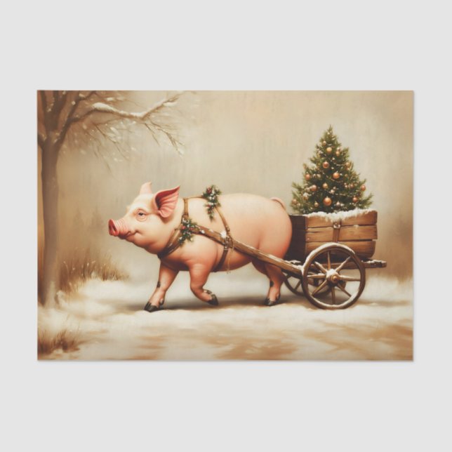 Papier Mousseline Christmas Pig & Tree Cart in Snow EN2L Decoupage (Recto)
