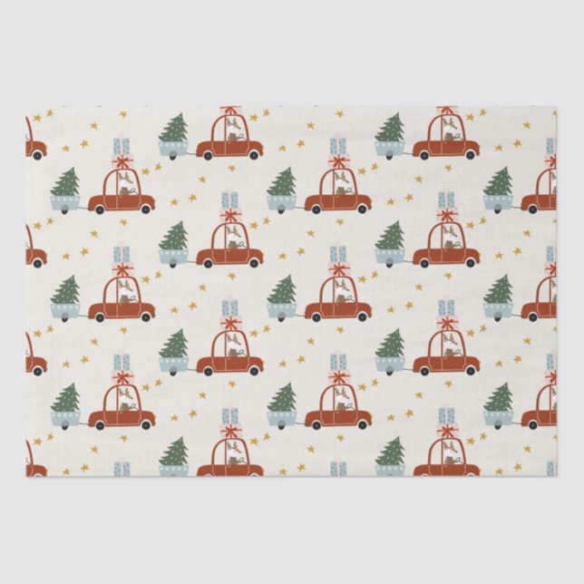 Papier Mousseline Christmas Tree Red Car Illustration  (Recto)