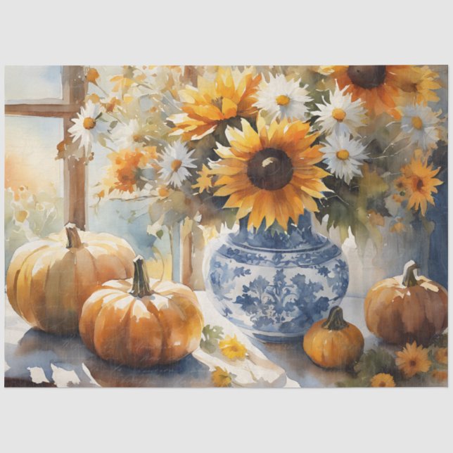 Papier Mousseline Chute Citrouille Tournesol Floral Bleu Blanc Décou (Recto)