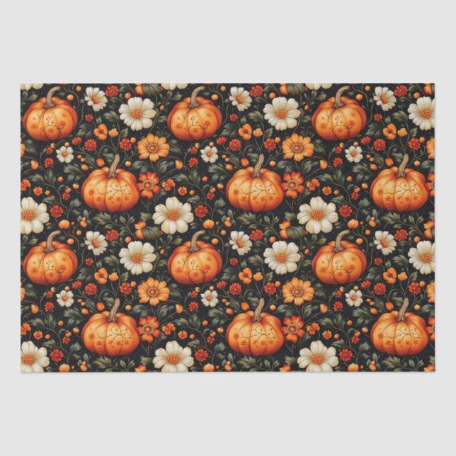 Papier Mousseline Chute Orange Citrouilles Et Florales (Recto)