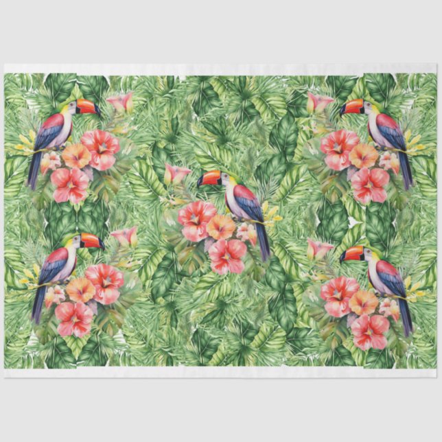 Papier Mousseline Cinq Toucans Sur Le Volage Vert Tropical (Recto)