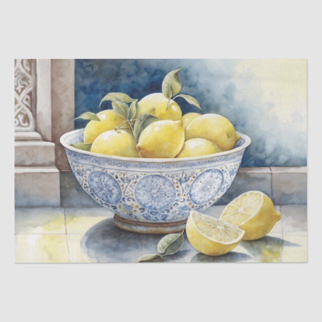 Papier Mousseline Citrons dans un Bol Bleu Peinture Découpage (Recto)