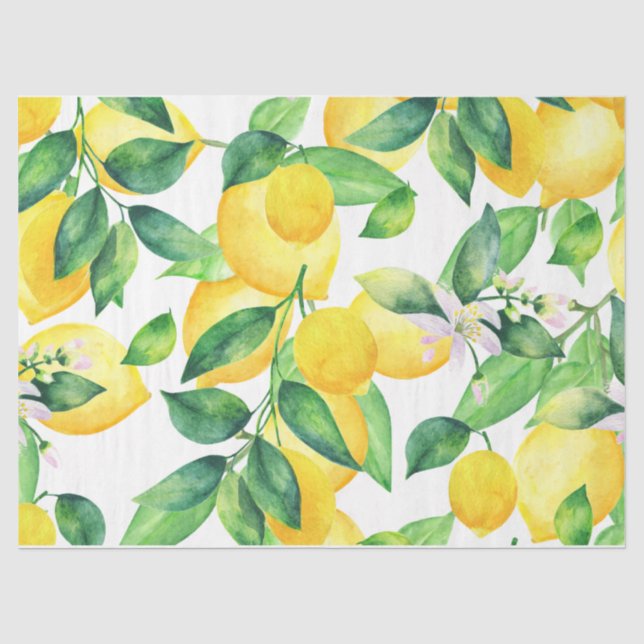 Papier Mousseline Citrons et Feuilles verts Motif de découpage (Recto)