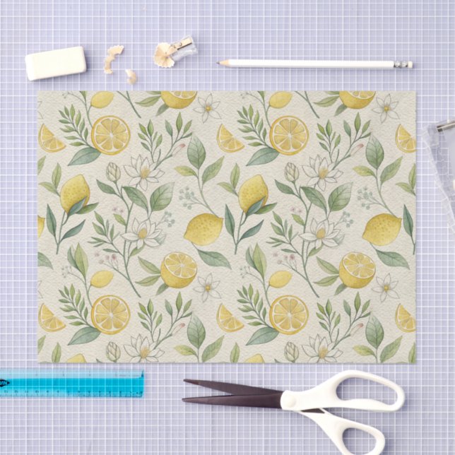 Papier Mousseline Citrons & Fleurs Papier Tissu Motif (Artisanat)