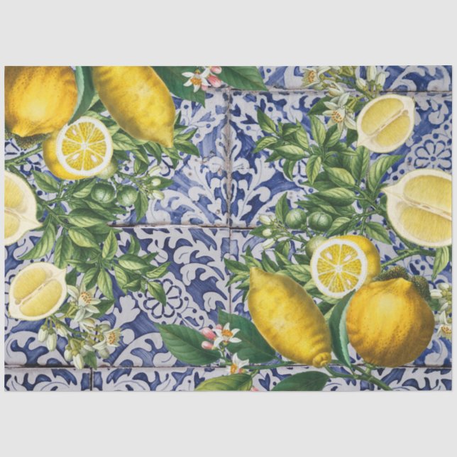 Papier Mousseline Citrons méditerranéens Carreaux portugais d'été (Recto)