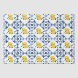 Papier Mousseline Citrons & Motif bleu carrelage marocain