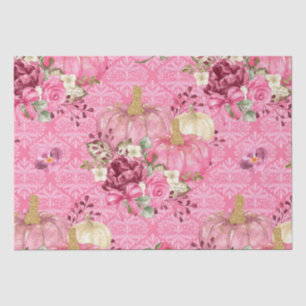 Papier Mousseline Citrouille florale rose aquarelle sur motif damass