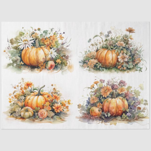 Papier Mousseline Citrouilles et Florals Collage 1 papier décolpage (Recto)