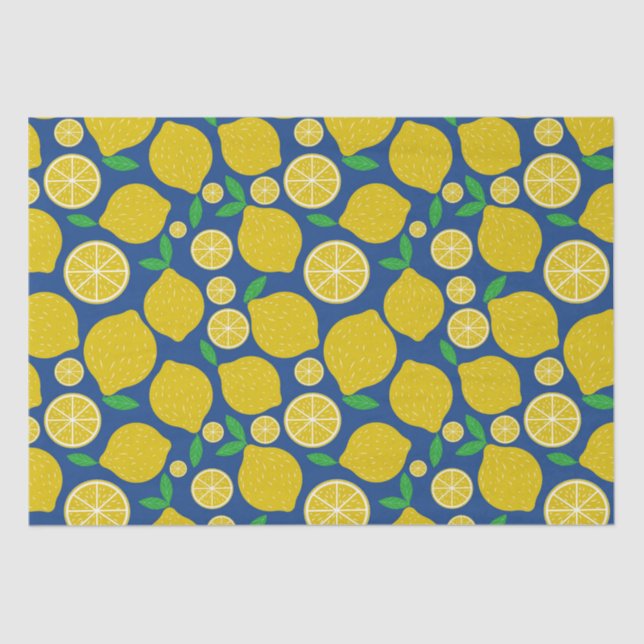 Papier Mousseline Citrus jaune citron Motif sur bleu (Recto)