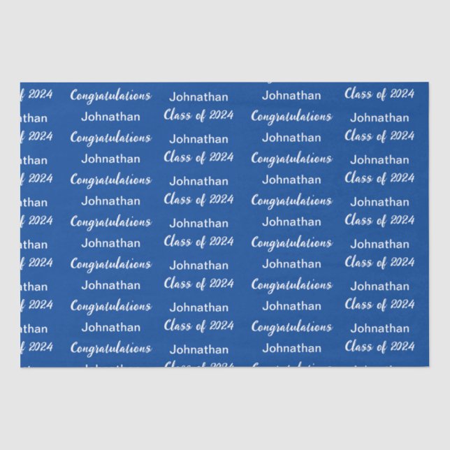 Papier Mousseline Classe de 2024 Blue White Félicitations Grad Name (Recto)