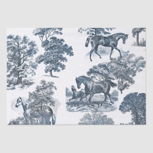 Papier Mousseline Classé Elegant Rustic Blue Horses Country Toile (Recto)