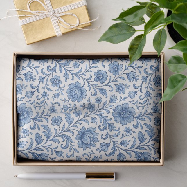 Papier Mousseline Classé Hollandais Delfts Blue Floral Art Motif (Cadeau)