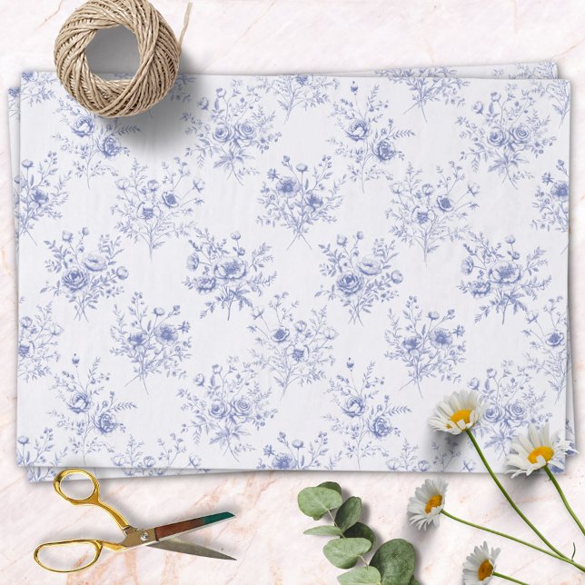Papier Mousseline Classic Blue Flowers Pattern French blue toile  (In situ)