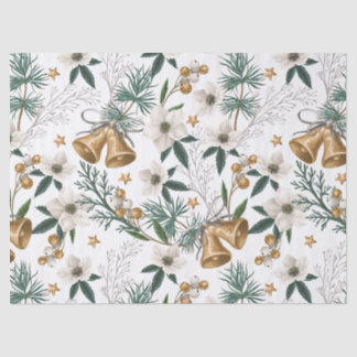 Papier Mousseline Clochettes dorées élégantes et motif floral blanc