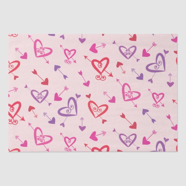 Papier Mousseline Coeurs avec flèches motif rouge rose violet (Recto)