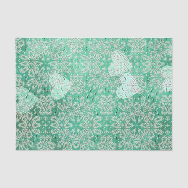 Papier Mousseline Coeurs Blancs Et Vert Dentelle (Recto)