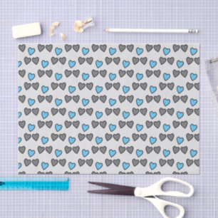 Papier Mousseline Coeurs d'amour gris et bleu cadeau