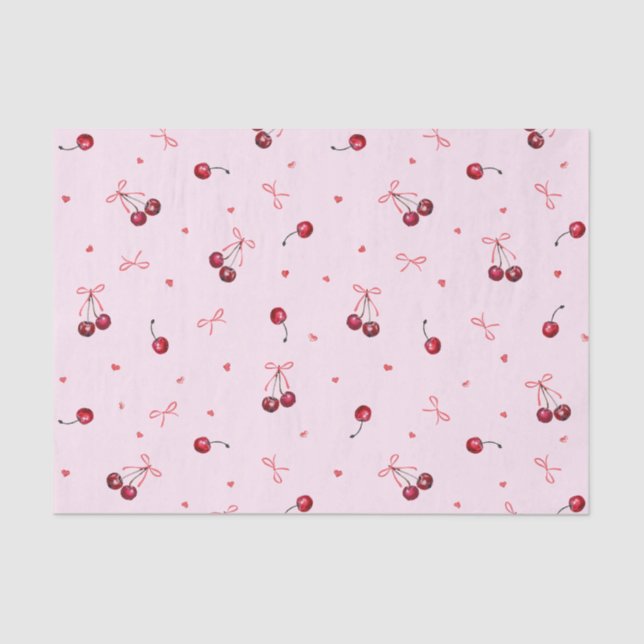 Papier Mousseline Cœurs de cerises rouges mignons et nœuds sur fond  (Recto)