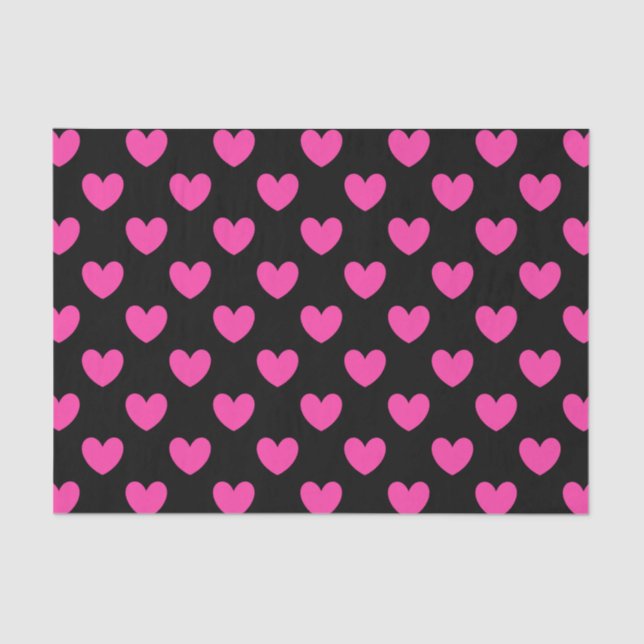 Papier Mousseline Coeurs de polka rose Fuchsia sur noir (Recto)