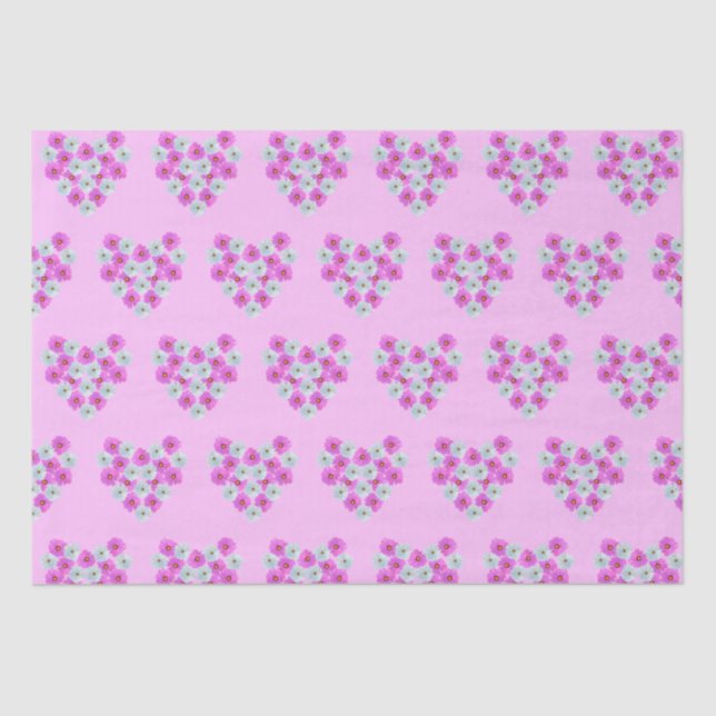 Papier Mousseline Coeurs Fleurs Cosmos Rose et Blanc Papier Tissu (Recto)