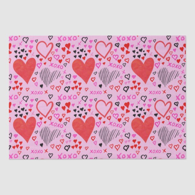 Papier Mousseline Coeurs, Motif rose XOXO (Recto)