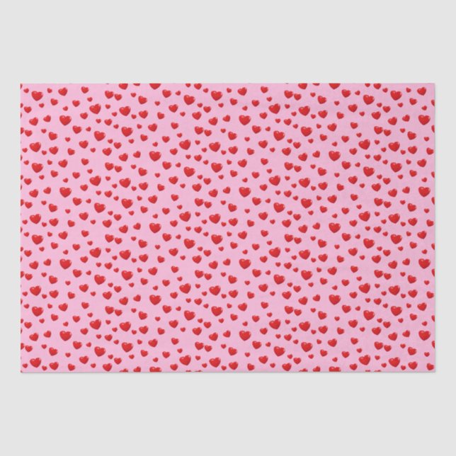 Papier Mousseline Coeurs rouges éparpillés sur rose (Recto)