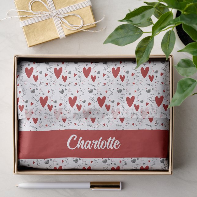 Papier Mousseline Cœurs rouges et noirs avec monogramme personnalisé (Cadeau)