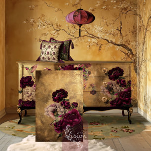 Papier Mousseline Colibri romantique et floral bordeaux sur fond or