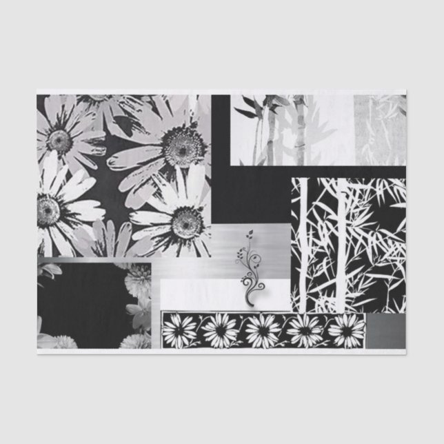 Papier Mousseline Collage de fleurs noir et blanc (Recto)